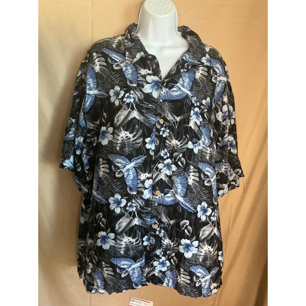 George Hawaiian Shirt Mens XL Black Blue Bird Tropical Floral Button Up Exc
